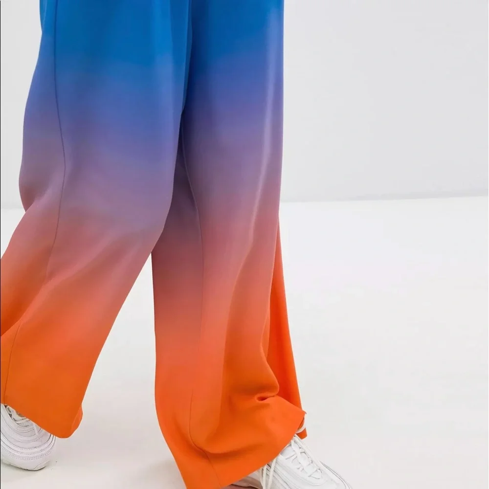 Asos Weekday Women's Blue & Orange design draw string wide legs Pants Size 36 - Picture 2 of 15